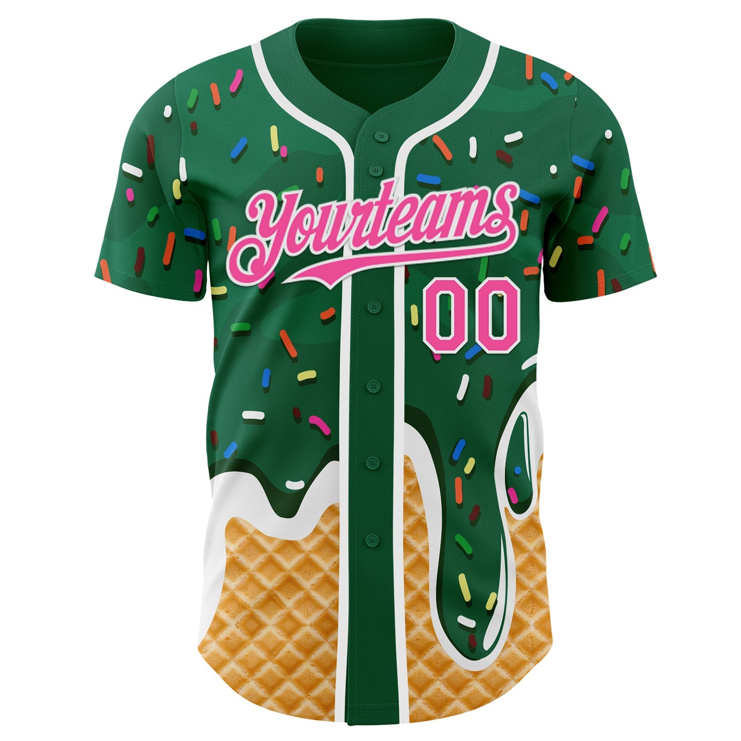 Custom Kelly Green Pink-White Ice Cream Waffle Foodie Dessert Authentic Baseball Jersey view 2