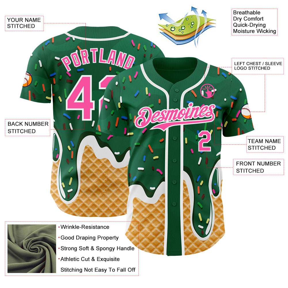 Custom Kelly Green Pink-White Ice Cream Waffle Foodie Dessert Authentic Baseball Jersey view 3