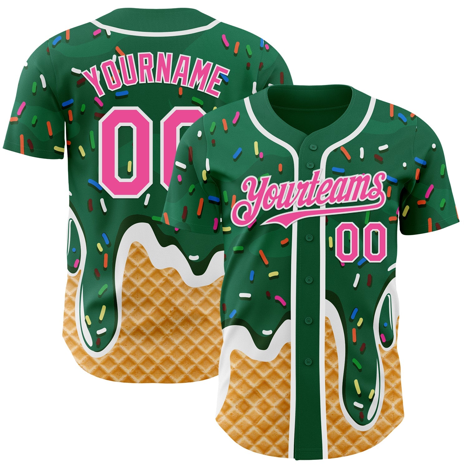 Custom Kelly Green Pink-White Ice Cream Waffle Foodie Dessert Authentic Baseball Jersey - Main View