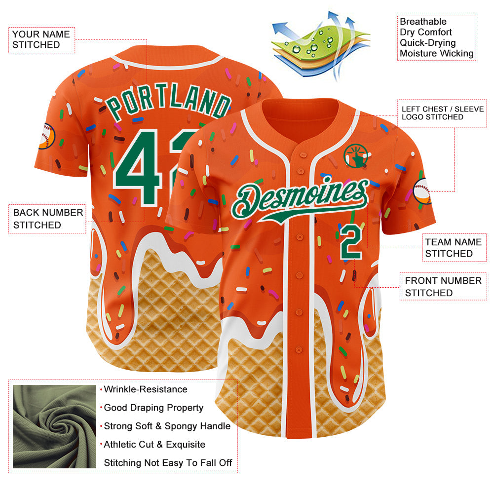 Custom Orange Kelly Green-White Ice Cream Waffle Foodie Dessert Authentic Baseball Jersey view 3