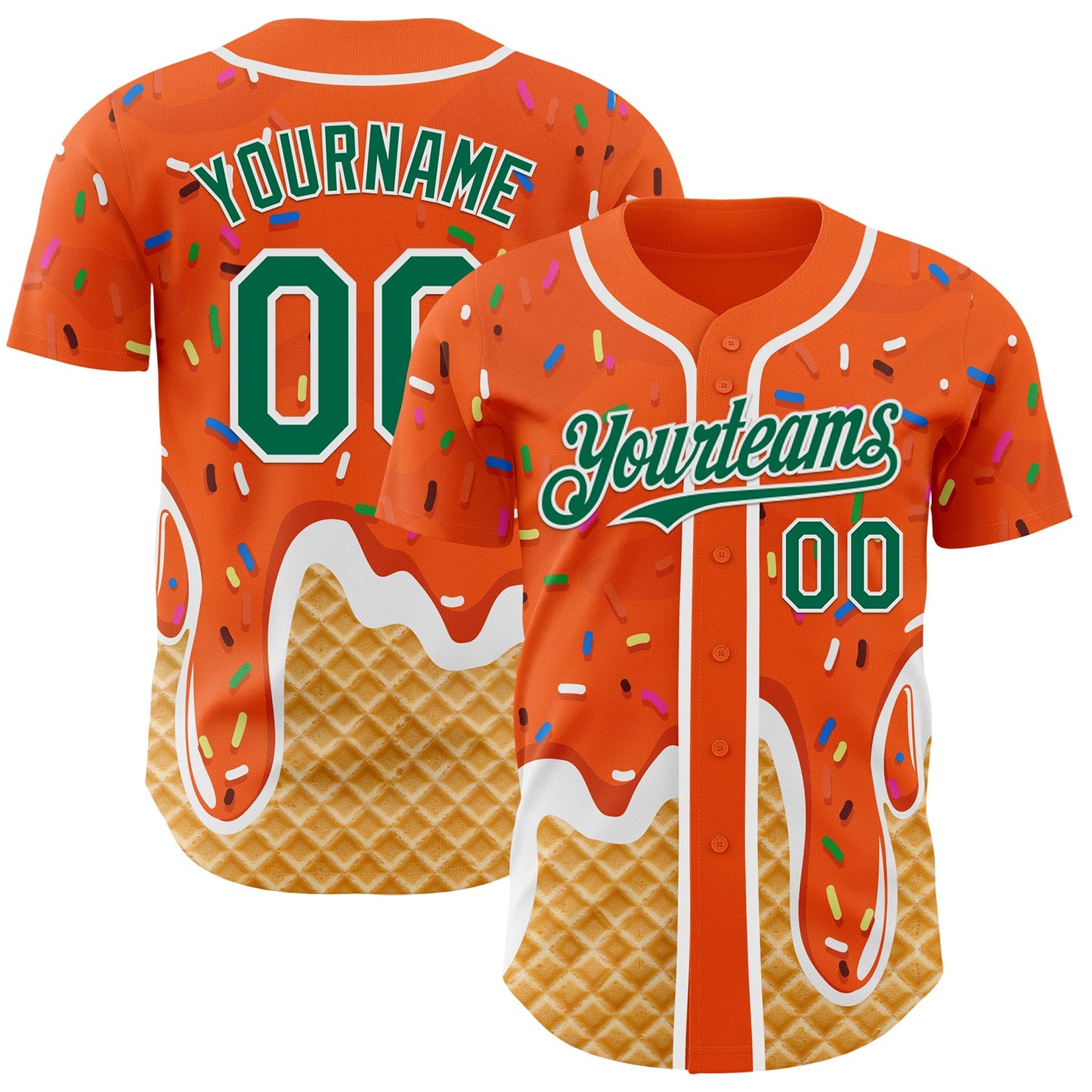 Custom Orange Kelly Green-White Ice Cream Waffle Foodie Dessert Authentic Baseball Jersey - Main View