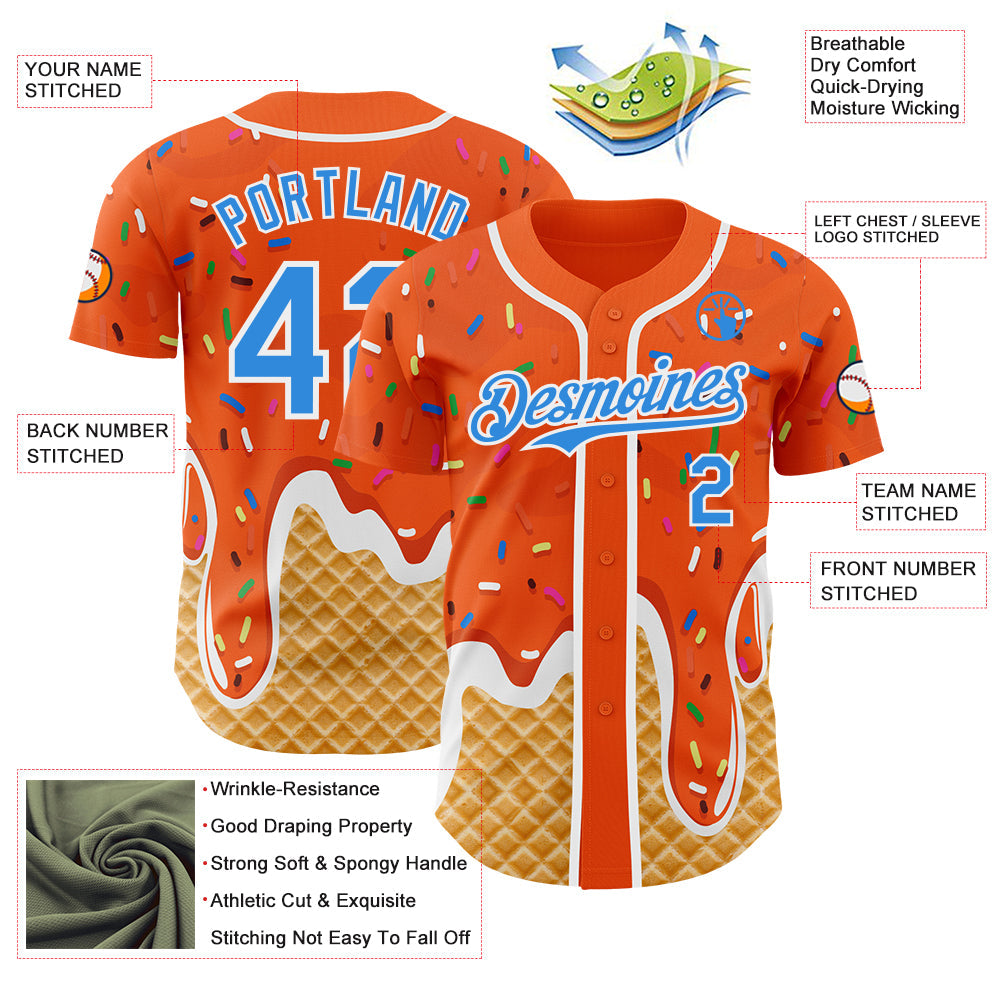 Custom Orange Electric Blue-White Ice Cream Waffle Foodie Dessert Authentic Baseball Jersey view 3
