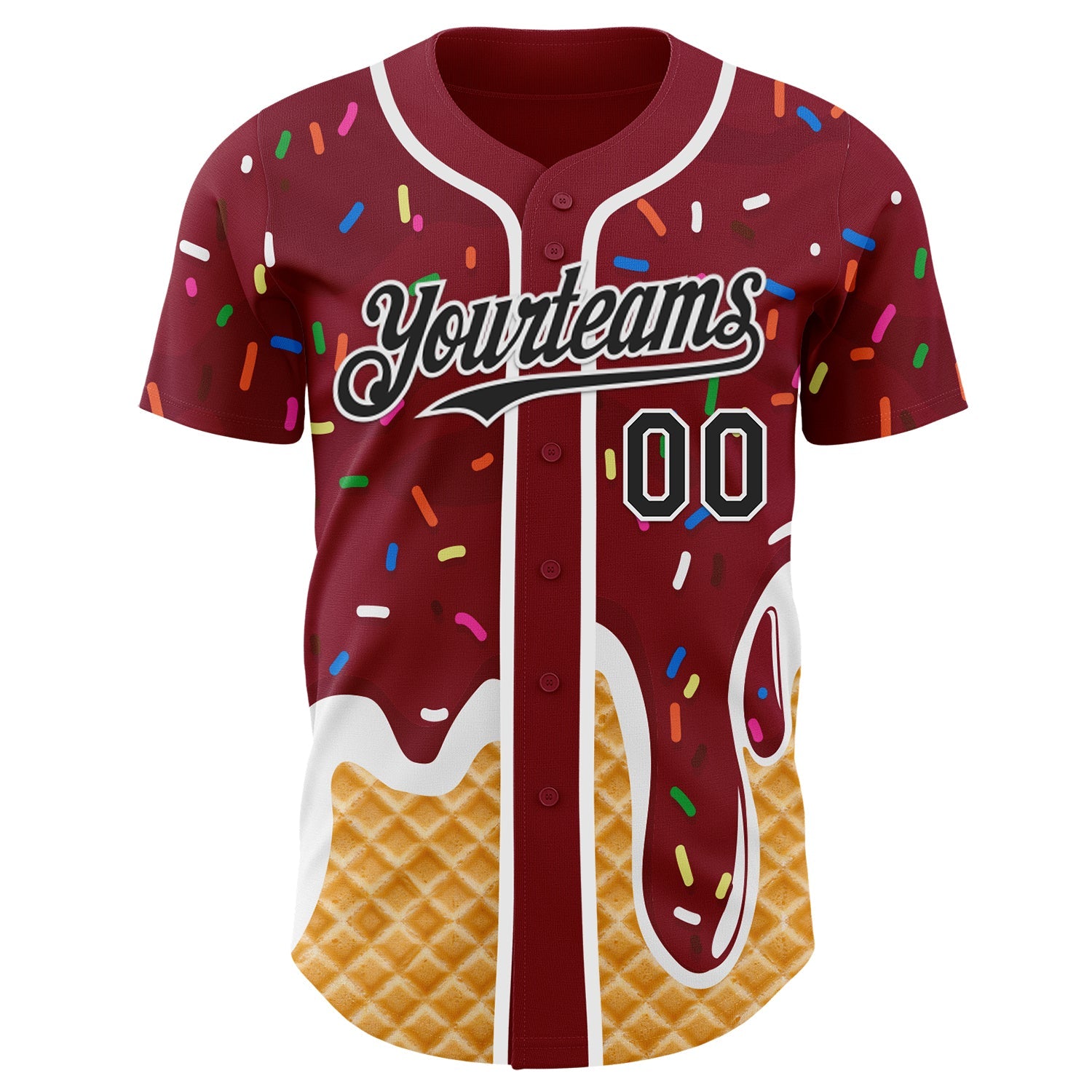 Custom Crimson Black-White Ice Cream Waffle Foodie Dessert Authentic Baseball Jersey view 2