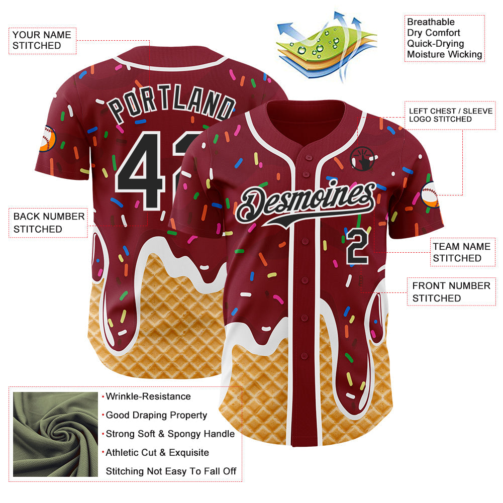 Custom Crimson Black-White Ice Cream Waffle Foodie Dessert Authentic Baseball Jersey view 3