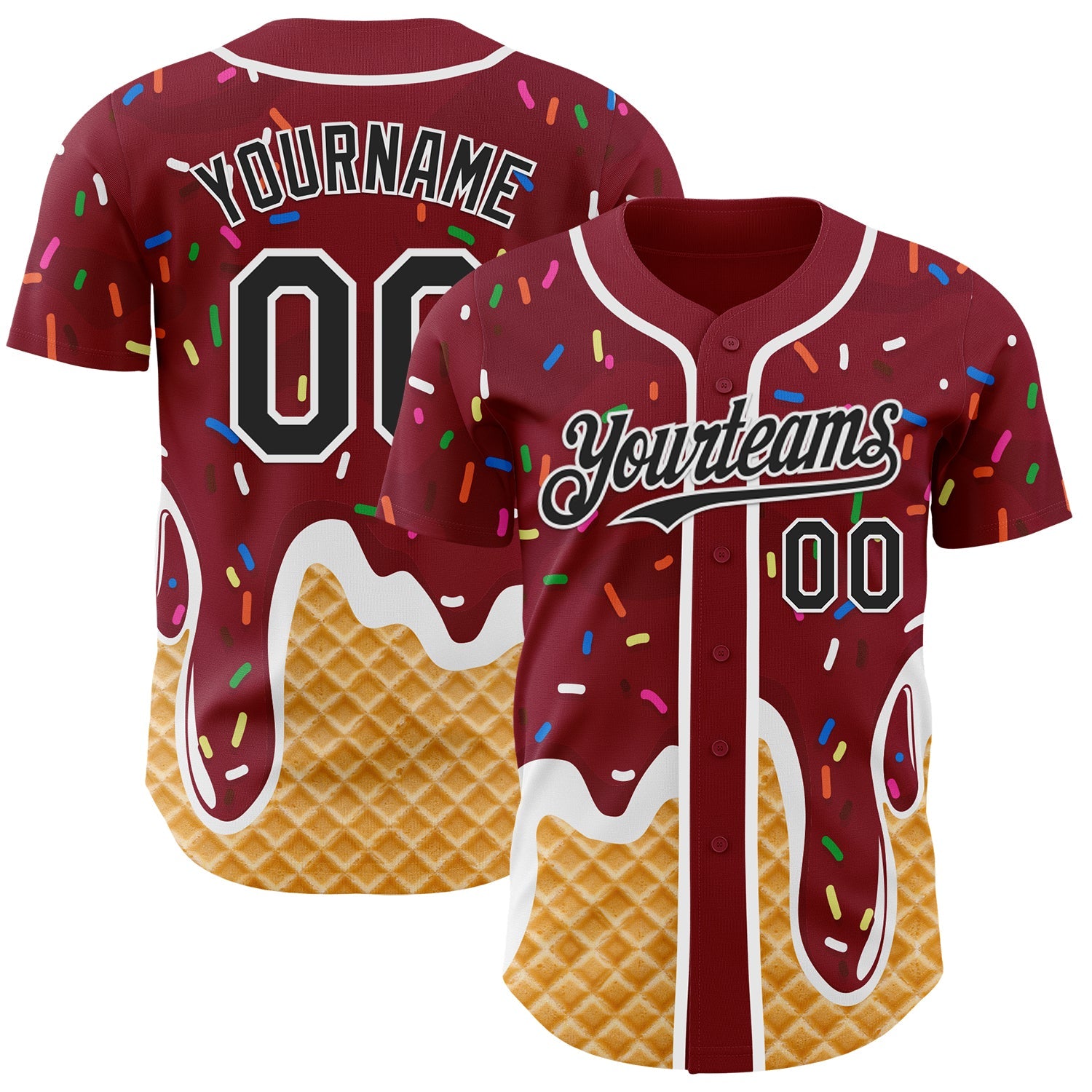 Custom Crimson Black-White Ice Cream Waffle Foodie Dessert Authentic Baseball Jersey - Main View