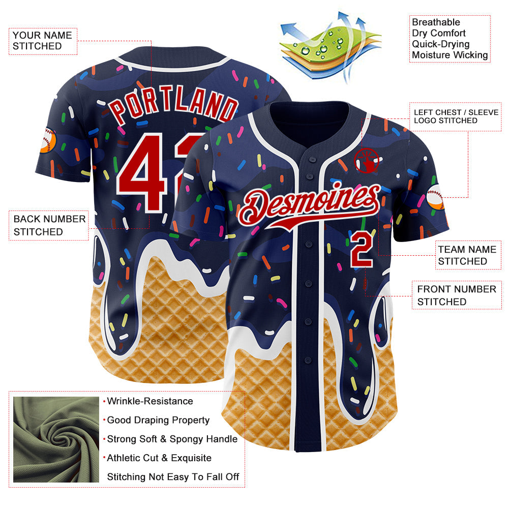 Custom Navy Red-White Ice Cream Waffle Foodie Dessert Authentic Baseball Jersey view 3