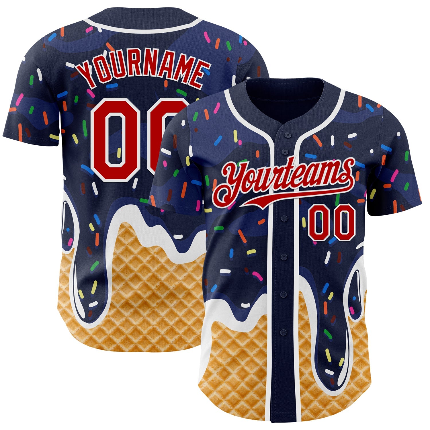 Custom Navy Red-White Ice Cream Waffle Foodie Dessert Authentic Baseball Jersey - Main View
