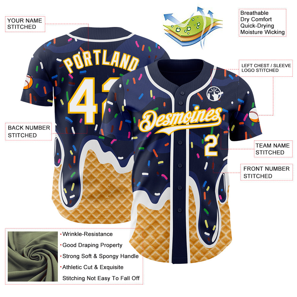 Custom Navy White-Gold Ice Cream Waffle Foodie Dessert Authentic Baseball Jersey view 3