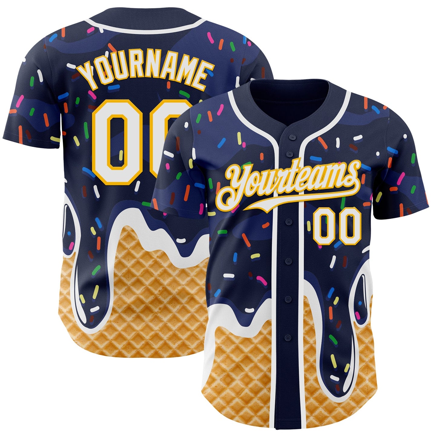 Custom Navy White-Gold Ice Cream Waffle Foodie Dessert Authentic Baseball Jersey - Main View
