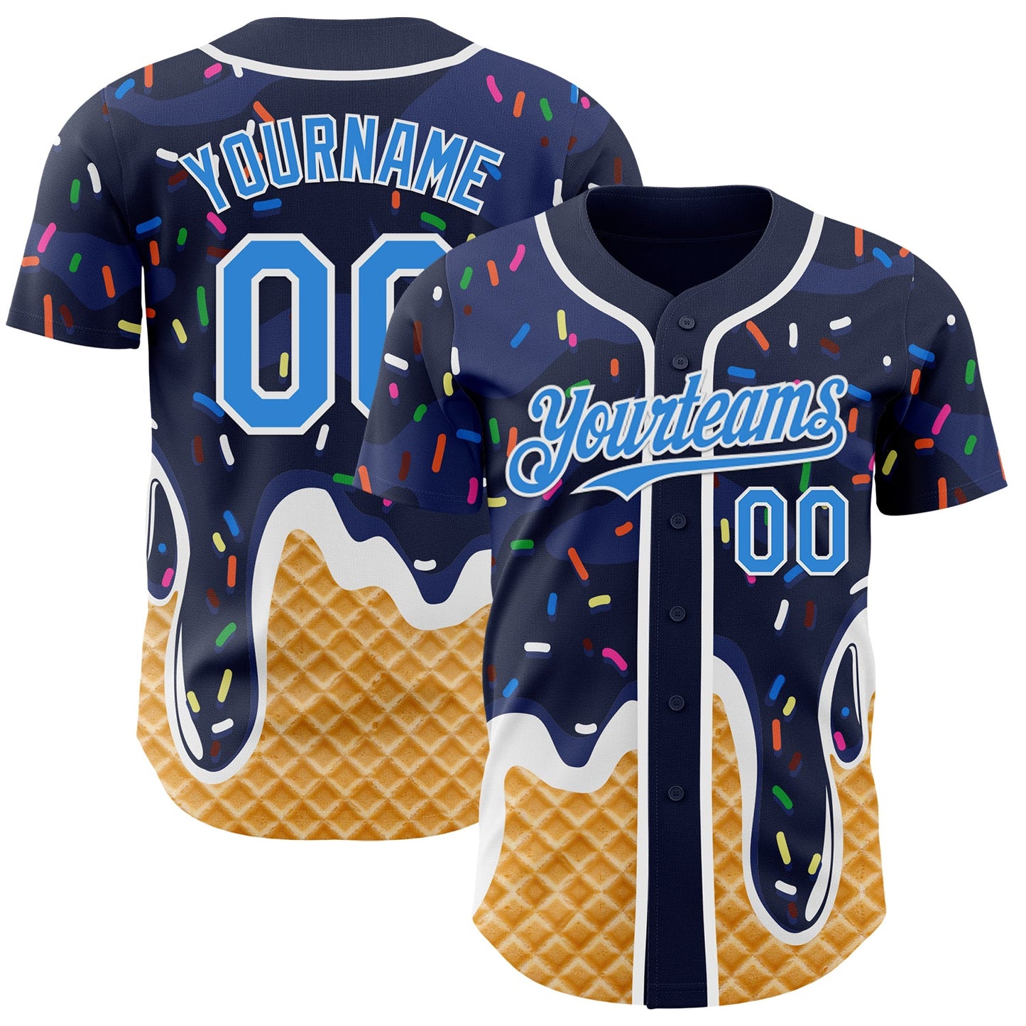 Custom Navy Electric Blue-White Ice Cream Waffle Foodie Dessert Authentic Baseball Jersey - Main View