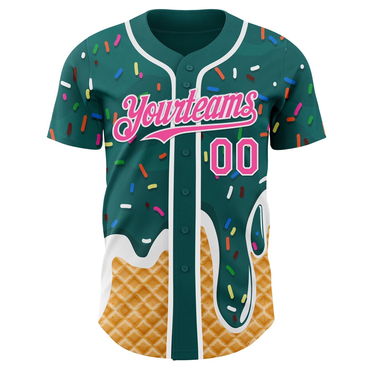 Custom Teal Pink-White Ice Cream Waffle Foodie Dessert Authentic Baseball Jersey view 2