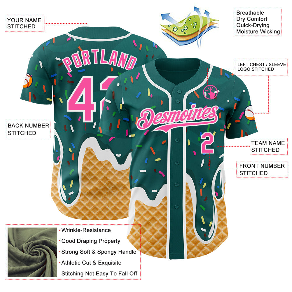 Custom Teal Pink-White Ice Cream Waffle Foodie Dessert Authentic Baseball Jersey view 3