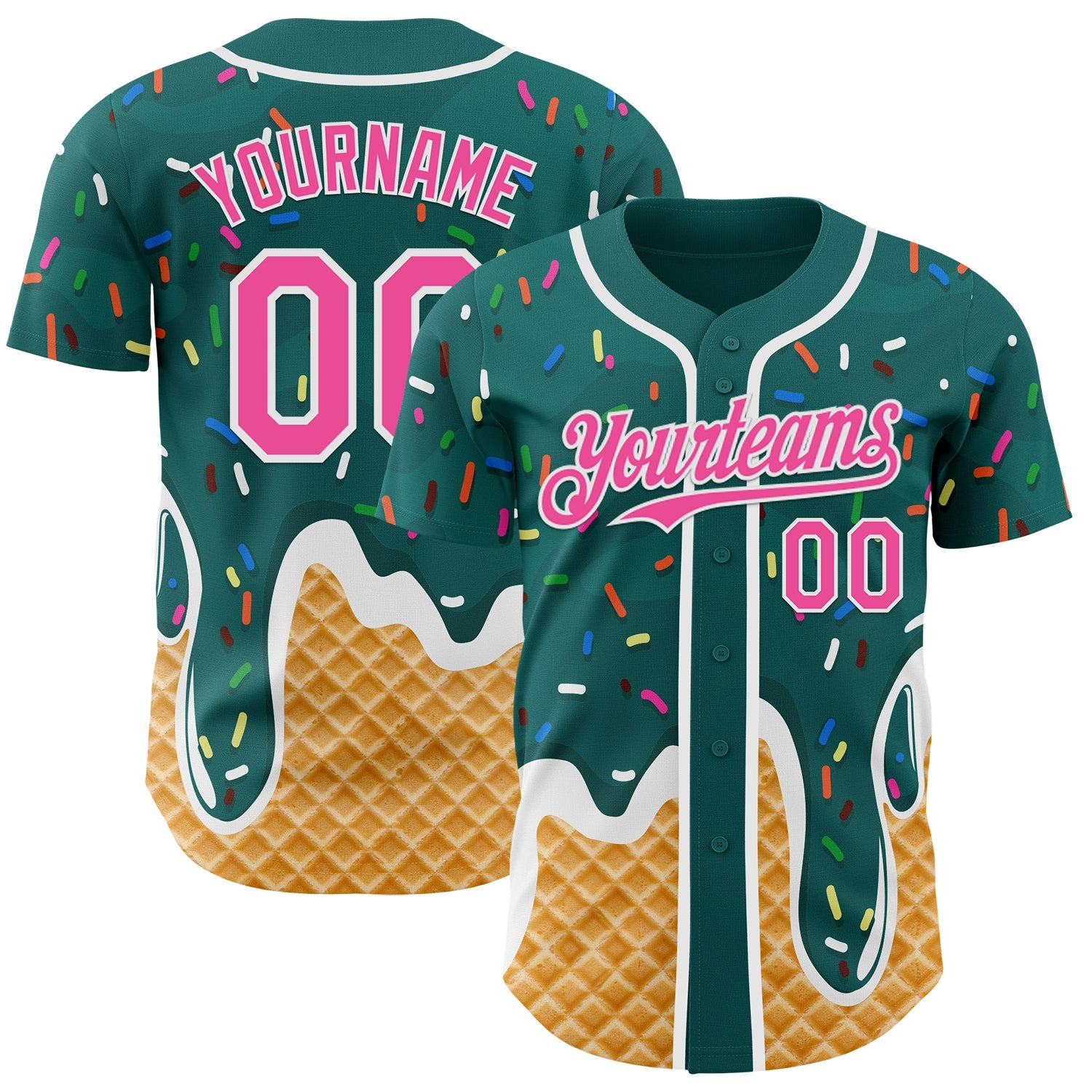 Custom Teal Pink-White Ice Cream Waffle Foodie Dessert Authentic Baseball Jersey - Main View