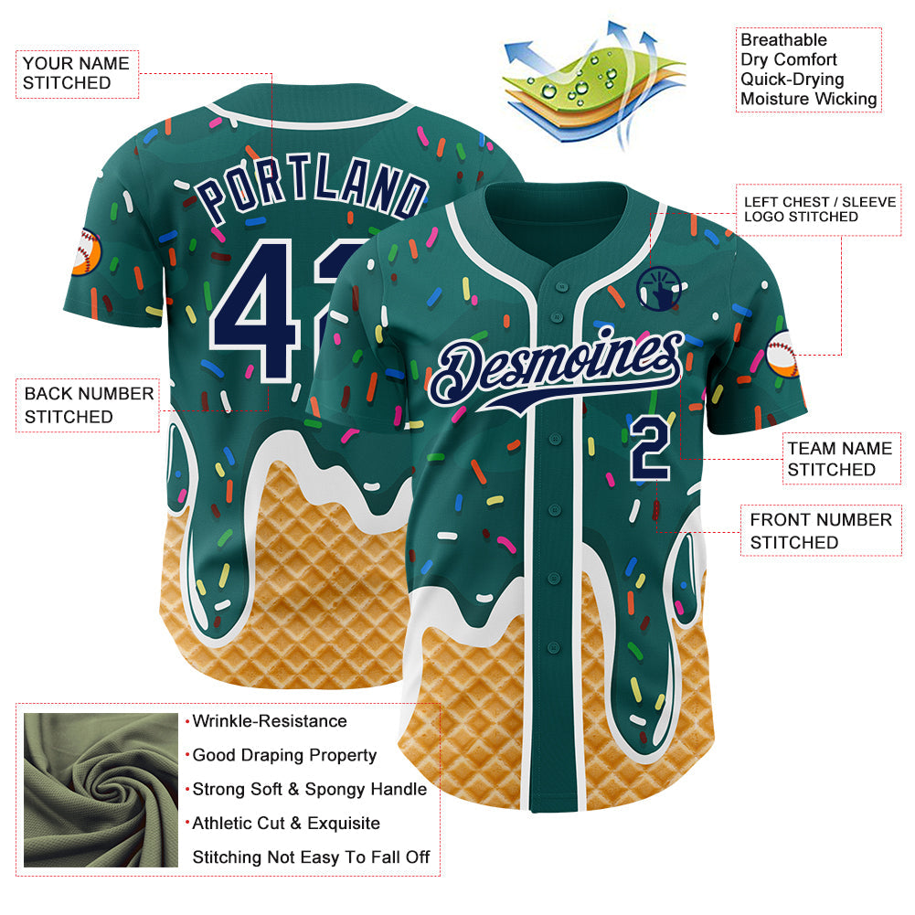 Custom Teal Navy-White Ice Cream Waffle Foodie Dessert Authentic Baseball Jersey view 3