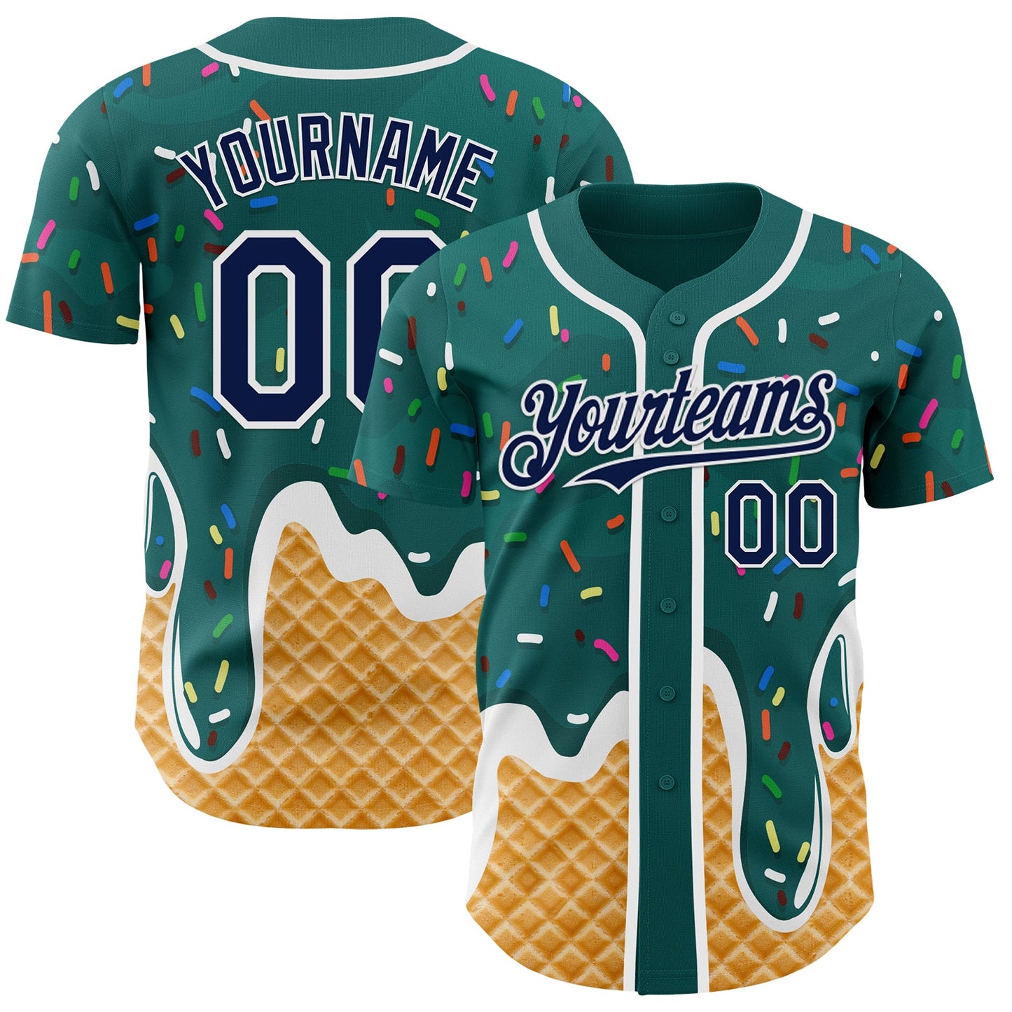 Custom Teal Navy-White Ice Cream Waffle Foodie Dessert Authentic Baseball Jersey - Main View