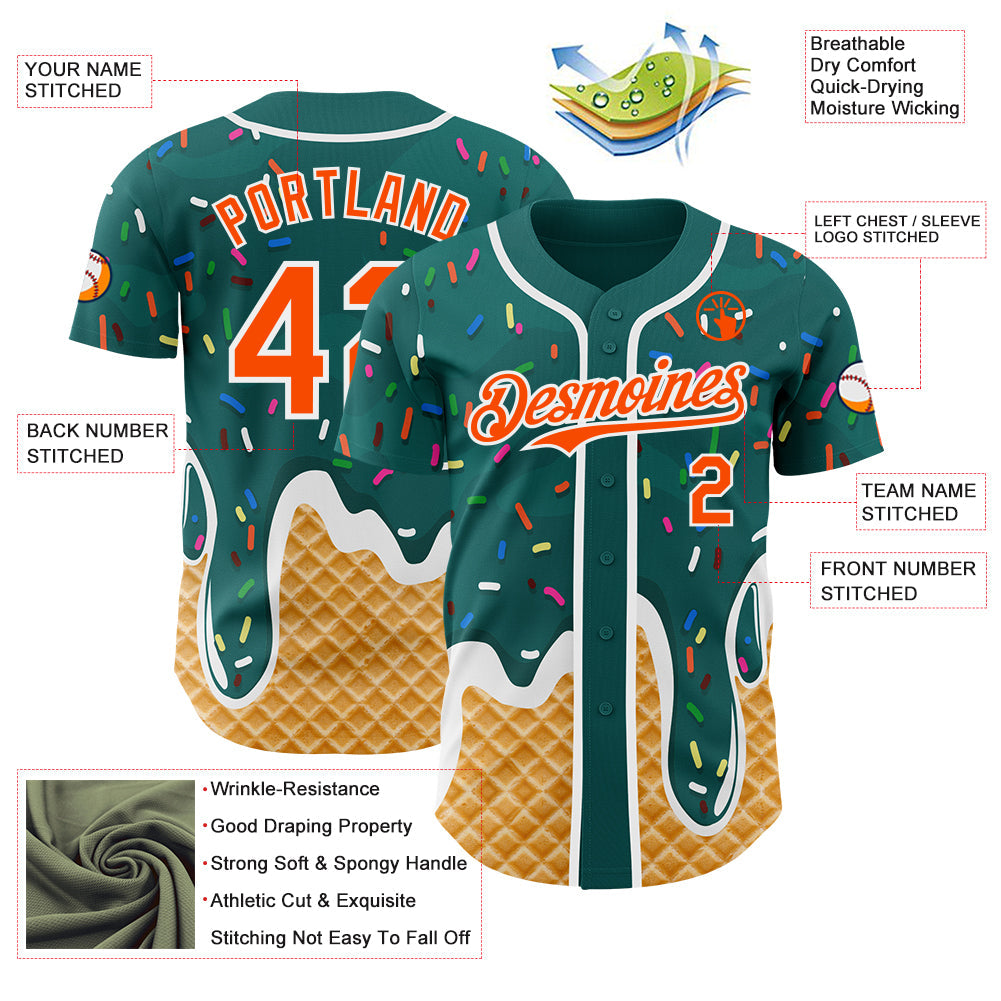 Custom Teal Orange-White Ice Cream Waffle Foodie Dessert Authentic Baseball Jersey view 3