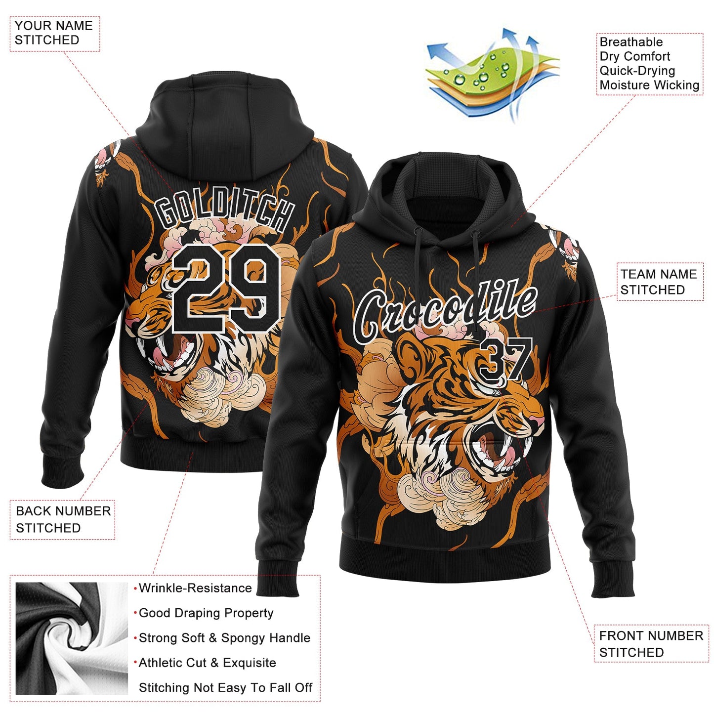 Custom Stitched Black Orange-White 3D Pattern Design Flame Tiger Sports Pullover Sweatshirt Hoodie view 2