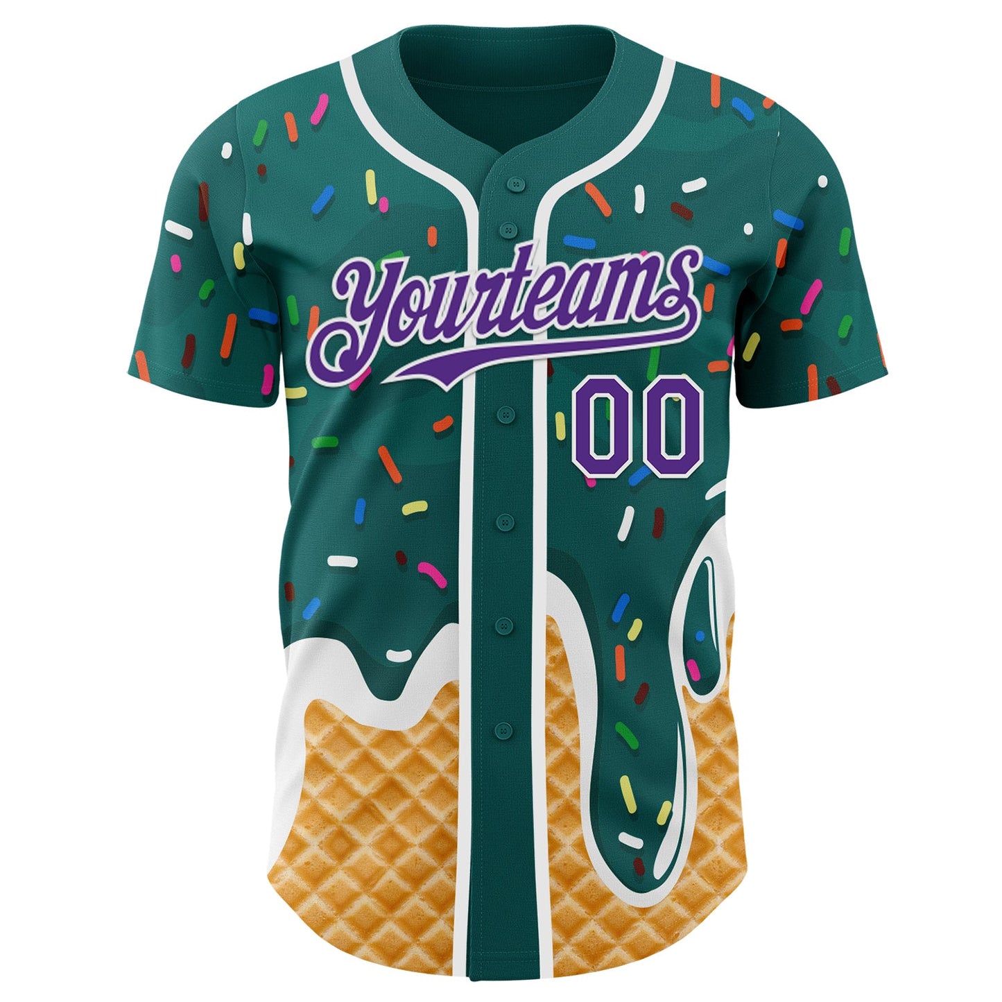Custom Teal Purple-White Ice Cream Waffle Foodie Dessert Authentic Baseball Jersey view 2