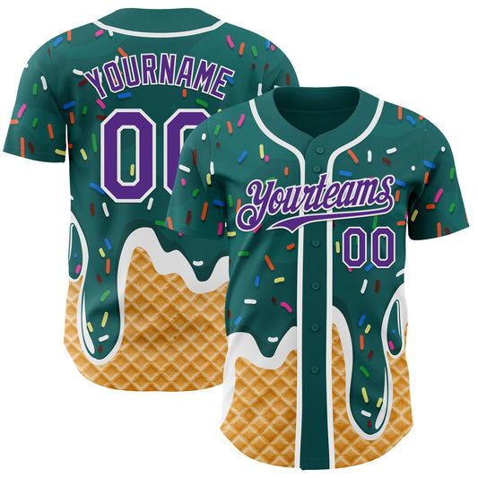 Custom Teal Purple-White Ice Cream Waffle Foodie Dessert Authentic Baseball Jersey - Main View
