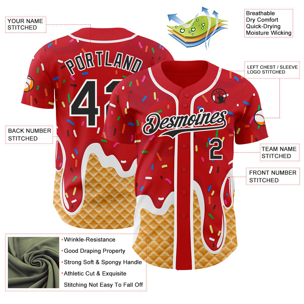 Custom Red Black-White Ice Cream Waffle Foodie Dessert Authentic Baseball Jersey view 3
