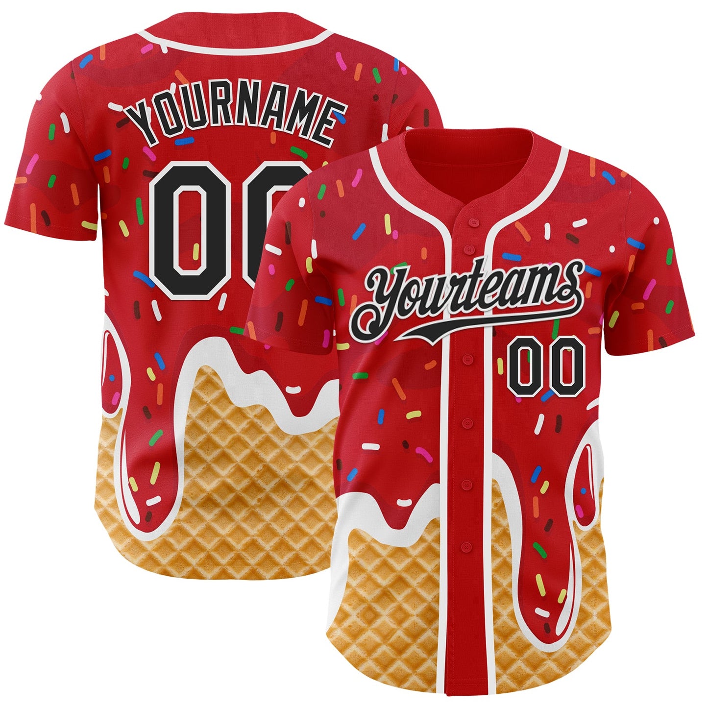 Custom Red Black-White Ice Cream Waffle Foodie Dessert Authentic Baseball Jersey - Main View