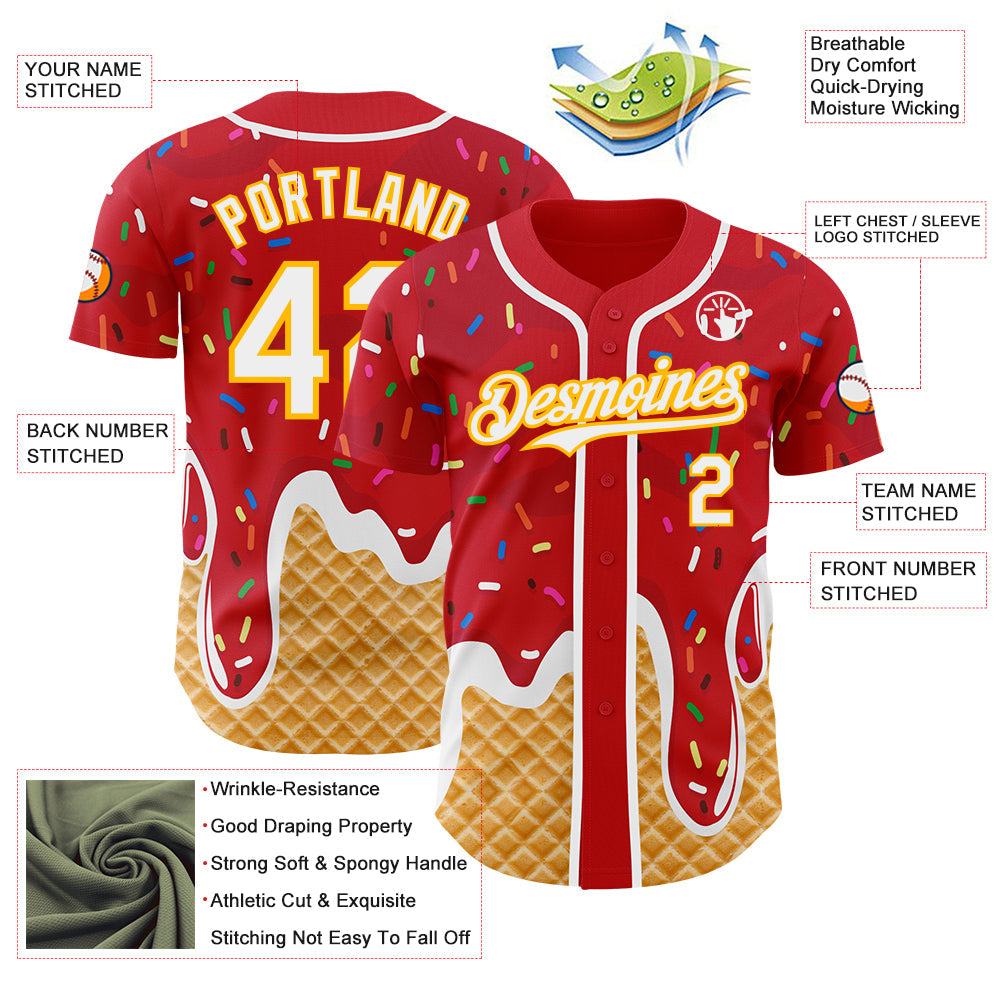 Custom Red White-Gold Ice Cream Waffle Foodie Dessert Authentic Baseball Jersey view 3
