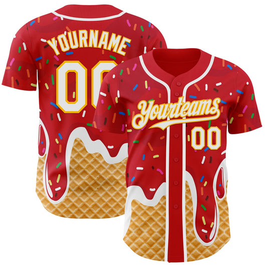 Custom Red White-Gold Ice Cream Waffle Foodie Dessert Authentic Baseball Jersey - Main View