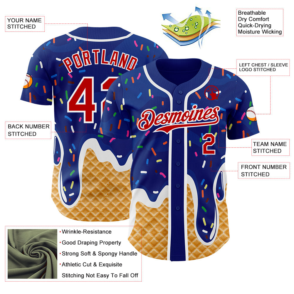 Custom Royal Red-White Ice Cream Waffle Foodie Dessert Authentic Baseball Jersey view 3