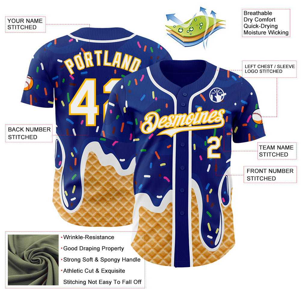 Custom Royal White-Gold Ice Cream Waffle Foodie Dessert Authentic Baseball Jersey view 3