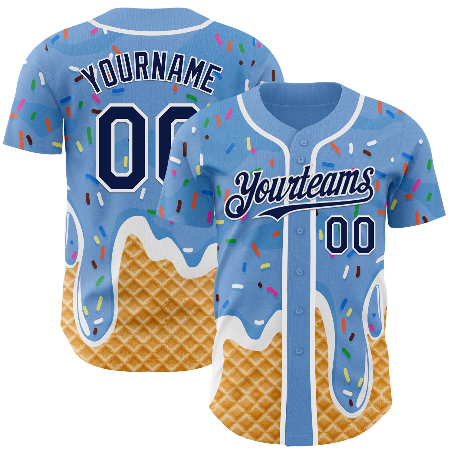 Custom Light Blue Navy-White Ice Cream Waffle Foodie Dessert Authentic Baseball Jersey - Main View