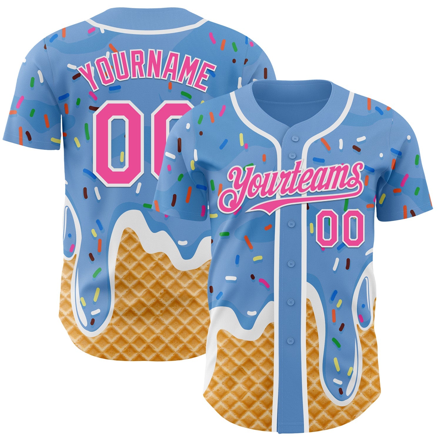 Custom Light Blue Pink-White Ice Cream Waffle Foodie Dessert Authentic Baseball Jersey - Main View
