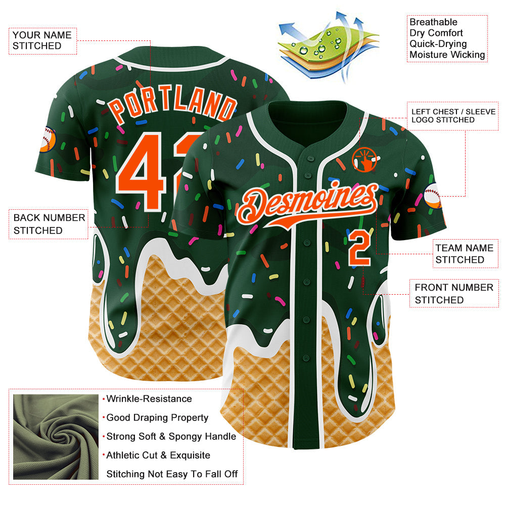 Custom Green Orange-White Ice Cream Waffle Foodie Dessert Authentic Baseball Jersey view 3