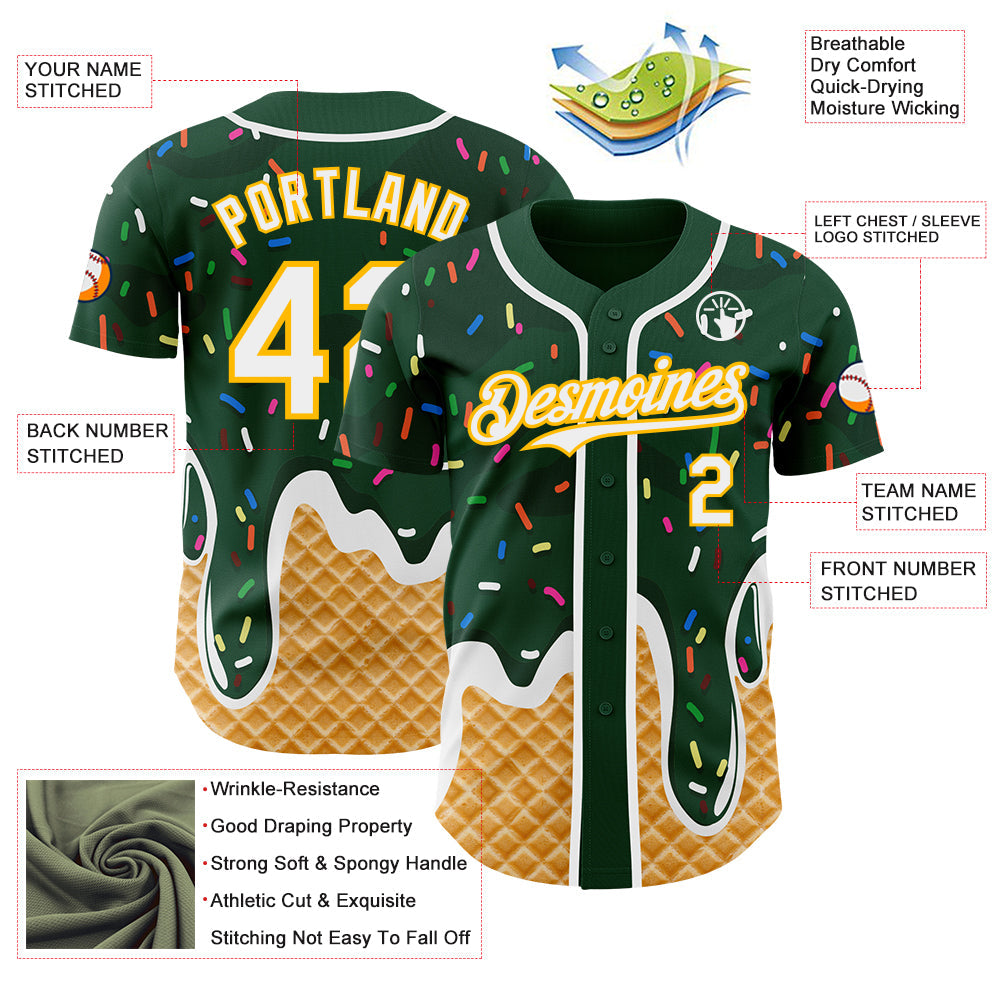 Custom Green White-Gold Ice Cream Waffle Foodie Dessert Authentic Baseball Jersey view 3