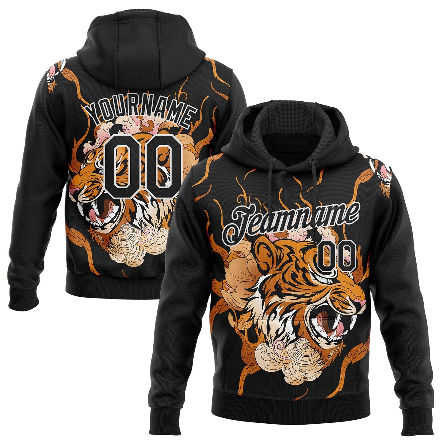 Custom Stitched Black Orange-White 3D Pattern Design Flame Tiger Sports Pullover Sweatshirt Hoodie - Main View