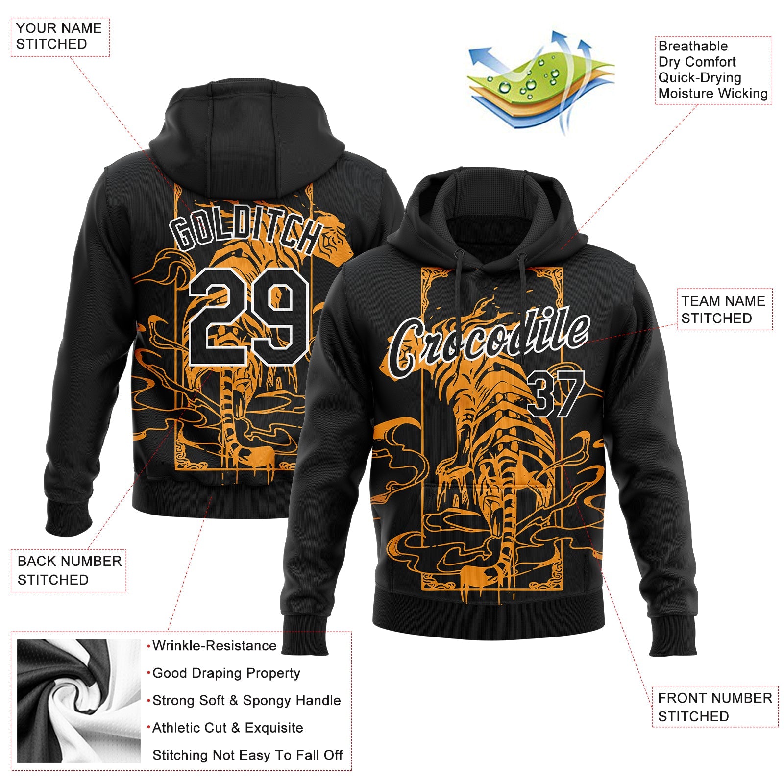 Custom Stitched Black Yellow-White 3D Pattern Design Tiger With Cloud Sports Pullover Sweatshirt Hoodie view 2