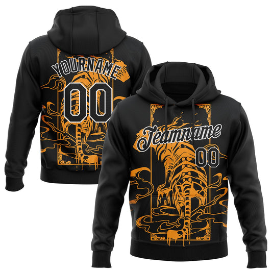 Custom Stitched Black Yellow-White 3D Pattern Design Tiger With Cloud Sports Pullover Sweatshirt Hoodie - Main View