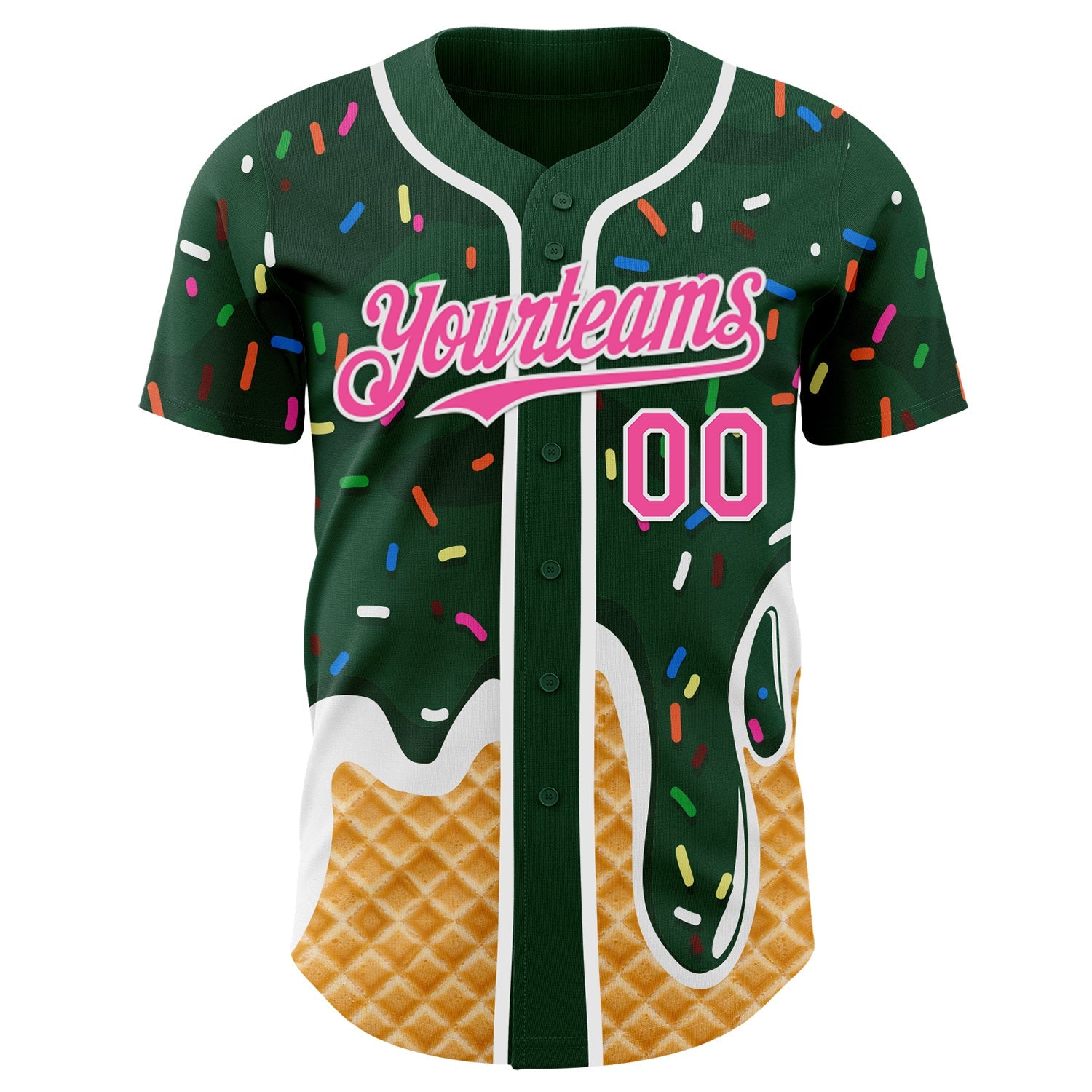 Custom Green Pink-White Ice Cream Waffle Foodie Dessert Authentic Baseball Jersey view 2