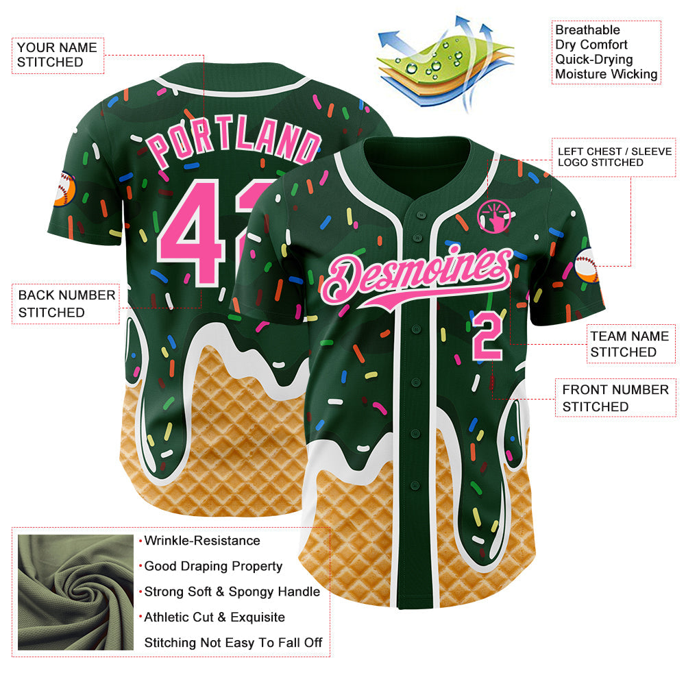 Custom Green Pink-White Ice Cream Waffle Foodie Dessert Authentic Baseball Jersey view 3