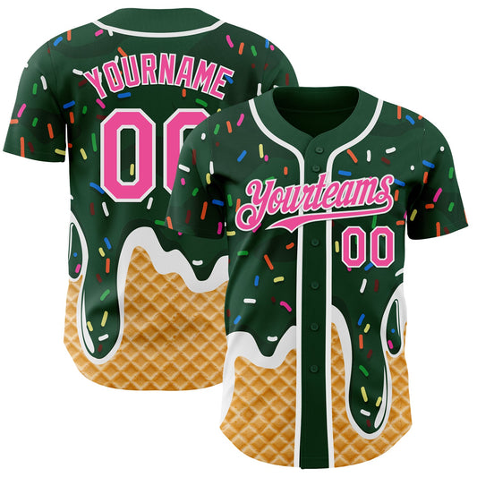Custom Green Pink-White Ice Cream Waffle Foodie Dessert Authentic Baseball Jersey - Main View