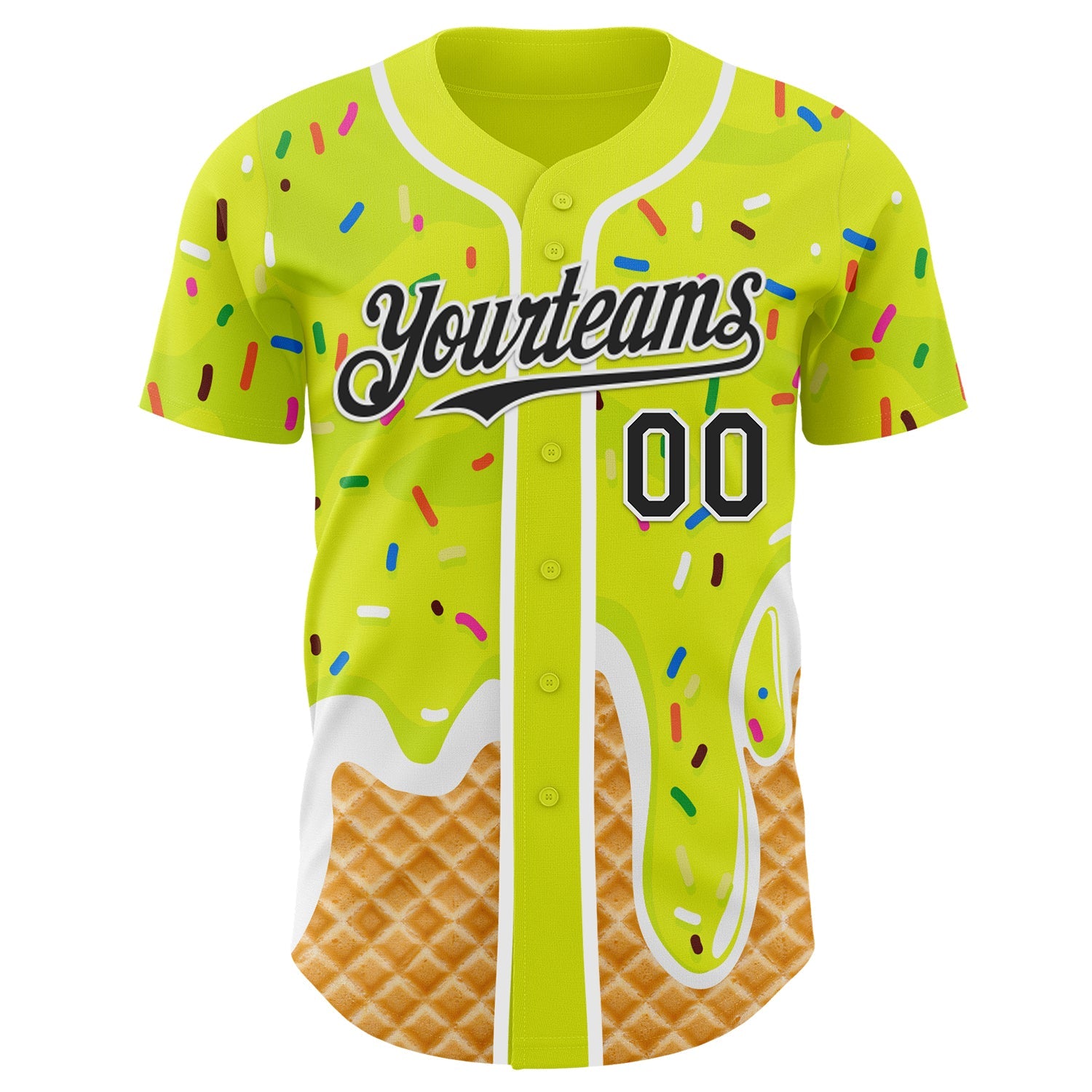 Custom Neon Yellow Black-White Ice Cream Waffle Foodie Dessert Authentic Baseball Jersey view 2