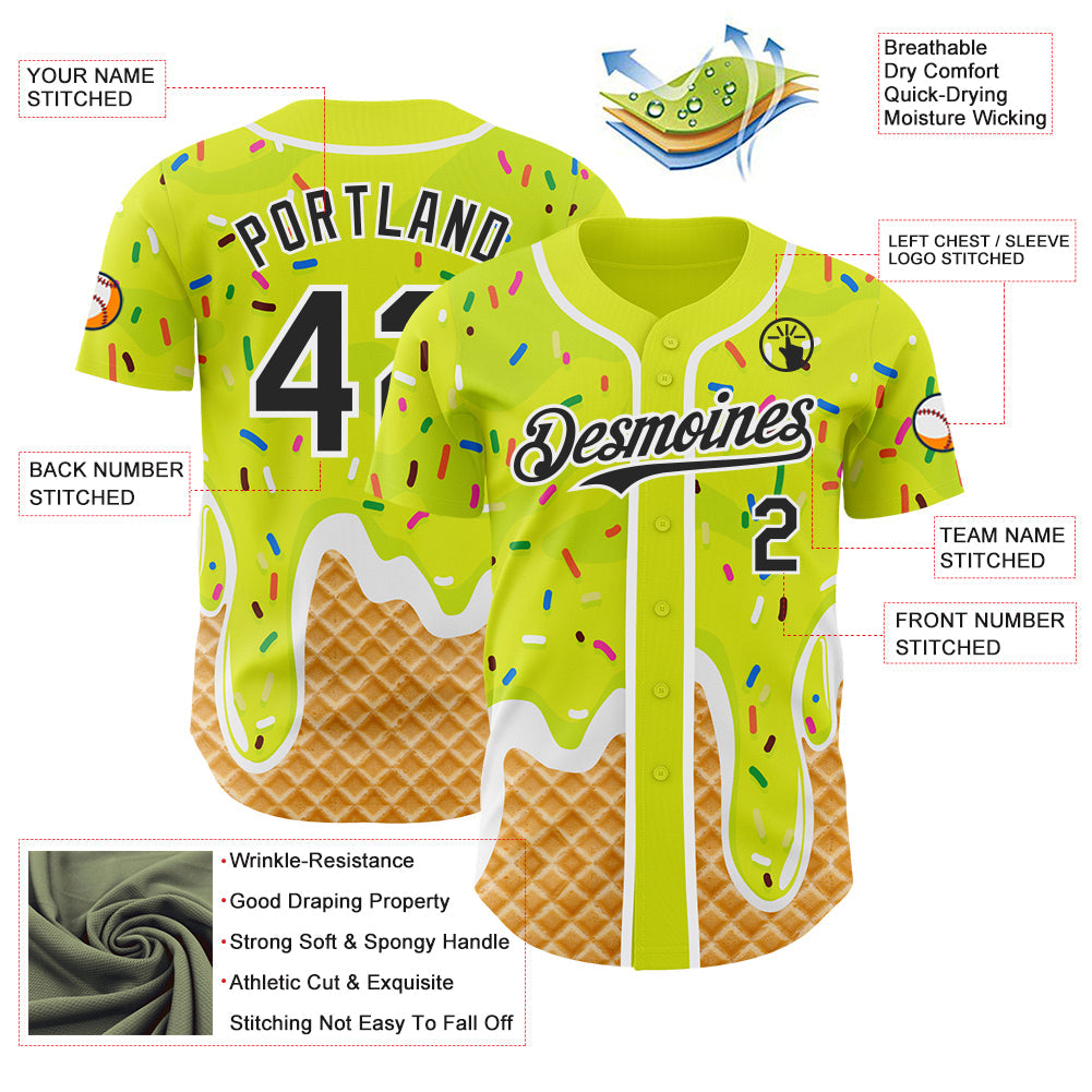 Custom Neon Yellow Black-White Ice Cream Waffle Foodie Dessert Authentic Baseball Jersey view 3