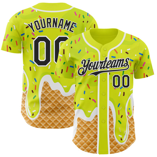 Custom Neon Yellow Black-White Ice Cream Waffle Foodie Dessert Authentic Baseball Jersey - Main View