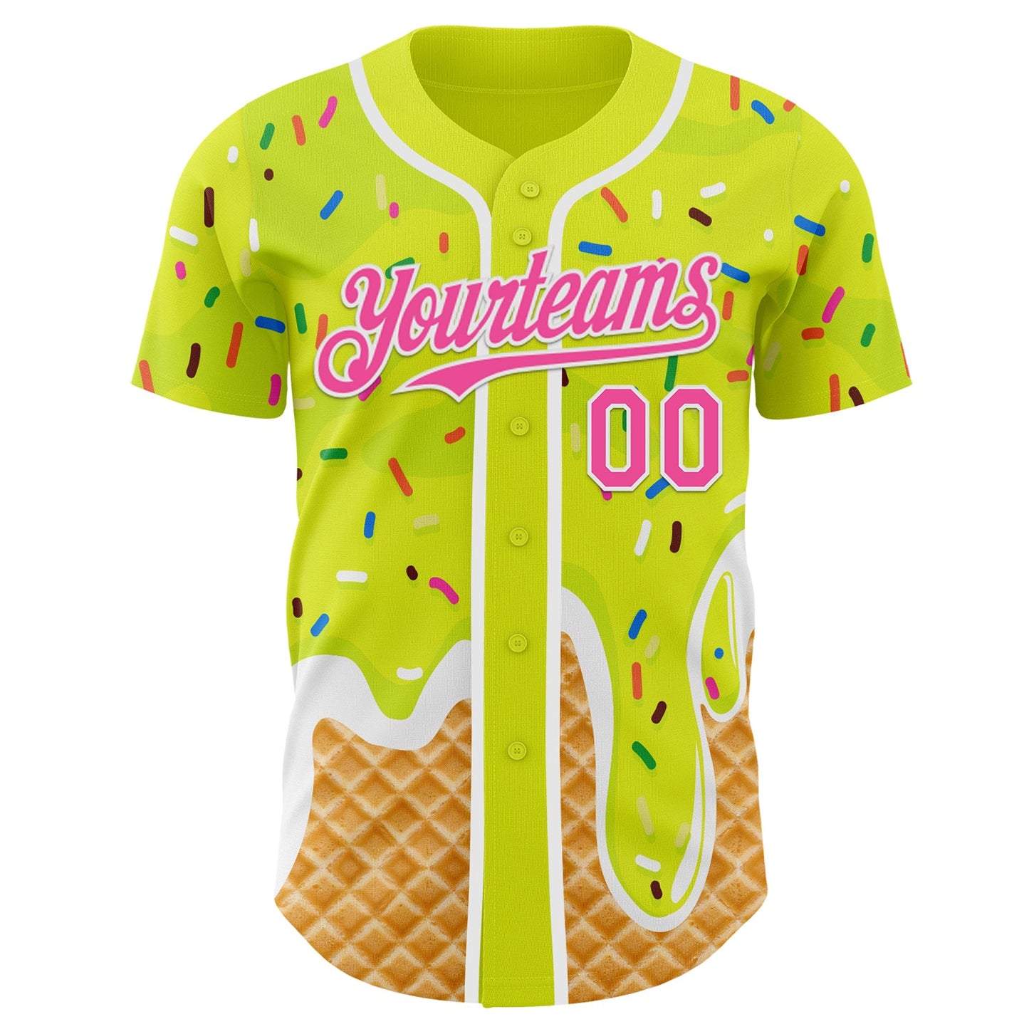 Custom Neon Yellow Pink-White Ice Cream Waffle Foodie Dessert Authentic Baseball Jersey view 2
