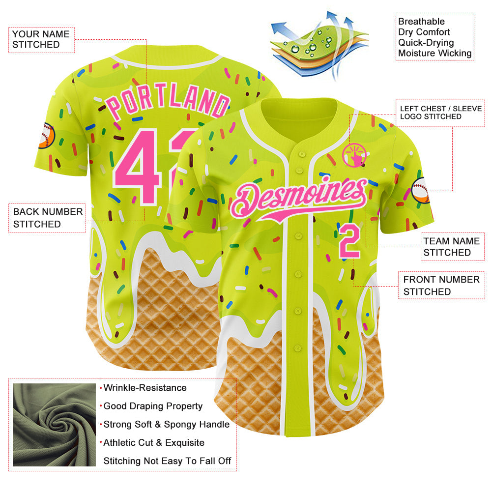 Custom Neon Yellow Pink-White Ice Cream Waffle Foodie Dessert Authentic Baseball Jersey view 3
