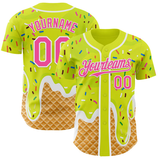 Custom Neon Yellow Pink-White Ice Cream Waffle Foodie Dessert Authentic Baseball Jersey - Main View