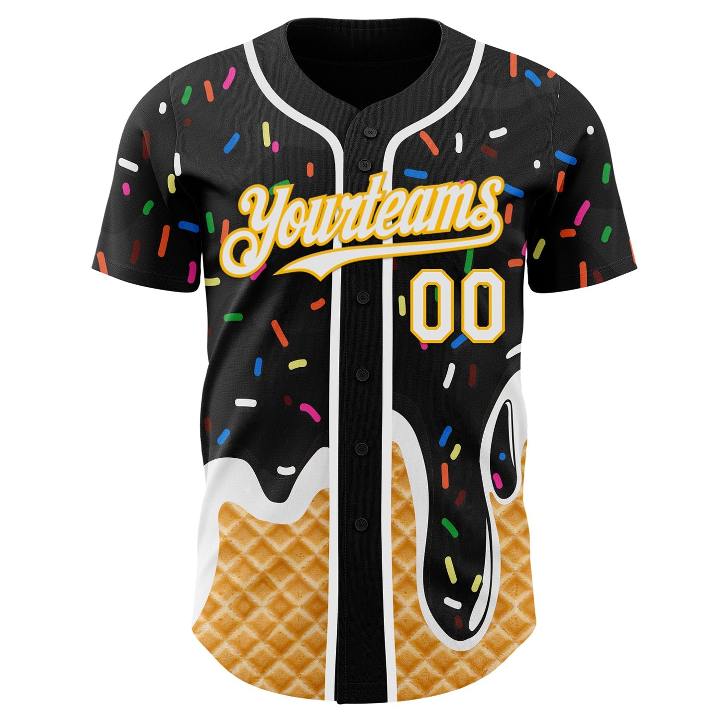 Custom Black White-Gold Ice Cream Waffle Foodie Dessert Authentic Baseball Jersey view 2