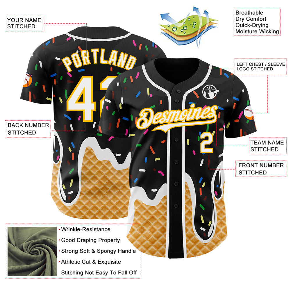 Custom Black White-Gold Ice Cream Waffle Foodie Dessert Authentic Baseball Jersey view 3