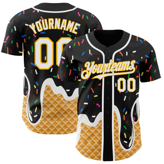 Custom Black White-Gold Ice Cream Waffle Foodie Dessert Authentic Baseball Jersey - Main View