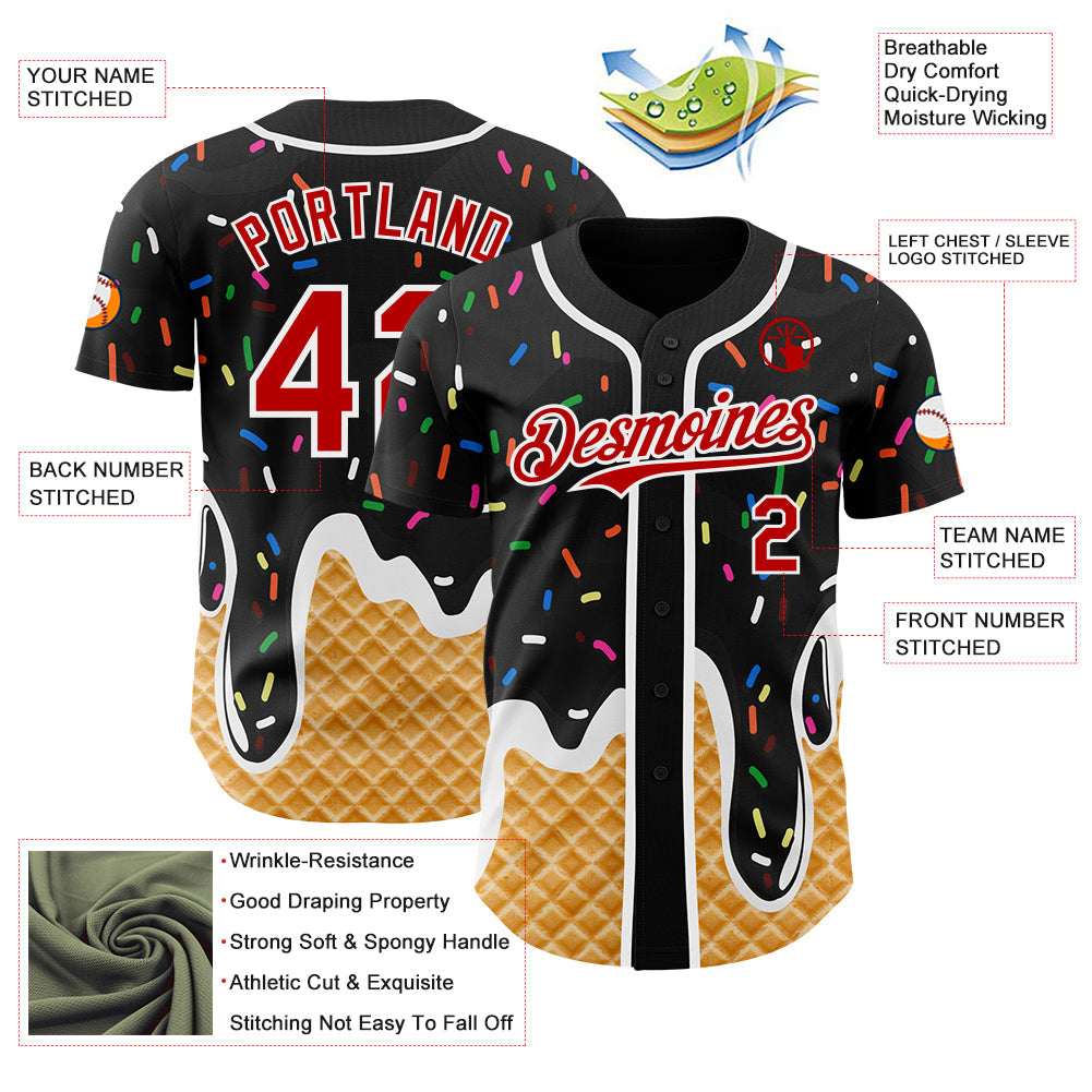 Custom Black Red-White Ice Cream Waffle Foodie Dessert Authentic Baseball Jersey view 3