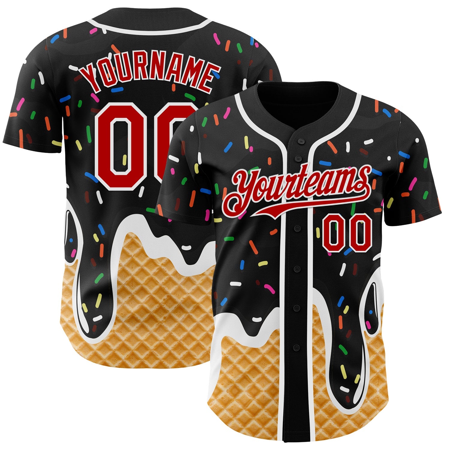 Custom Black Red-White Ice Cream Waffle Foodie Dessert Authentic Baseball Jersey - Main View